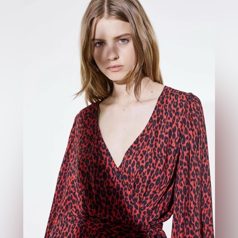 NWT IRO Women’s FR 40 L Red Animal Print Boina Wrap Mini Dress US 8 Long Sleeve - Picture 5 of 16